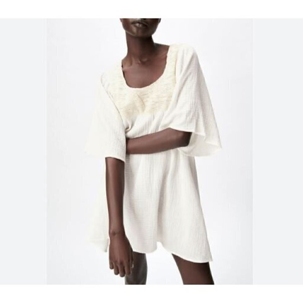 Zara Dress Womens XS Crochet Lace Short Sleeve Ivory Gauze Mini Boho Beach